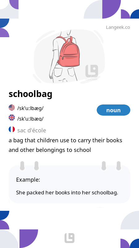 Definition et Signification de Schoolbag Dictionnaire illustre